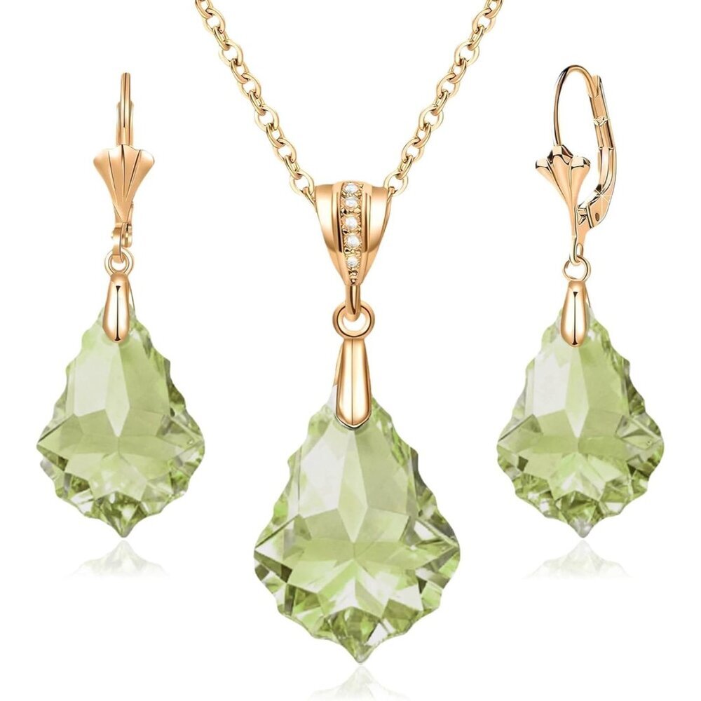 〽️Women Green Classic Necklace Drop Dangle Earrings Gold Plated Jewelry Set